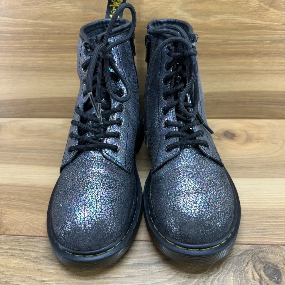 Dr Martens Combat Boots Girls Size 2 Metallic Pewter Leather Lace‎ Up